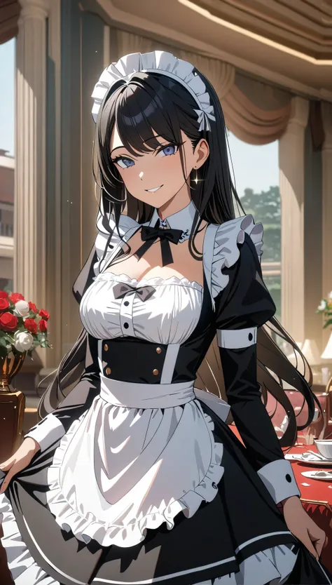 (((best quality, 8k, masterpiece: 1.3)), ((best quality)), ((masterpiece)), ( details),  perfect face, long black haired maid, s...