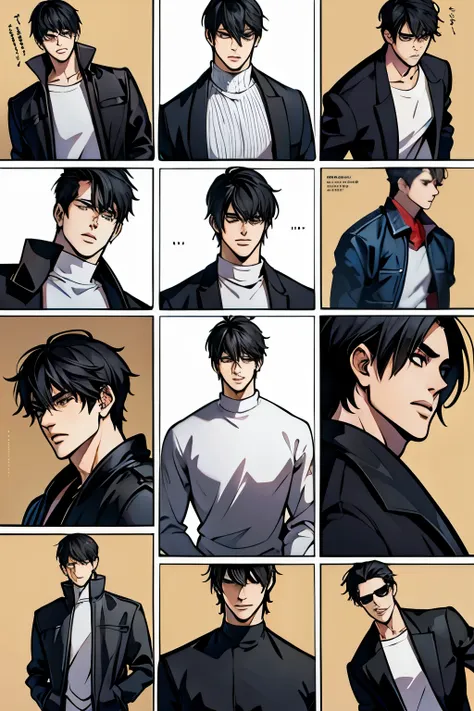 character sheet, character design, male, 20 years old, black hair, modern clothes, white sweater, black pants, white shoes, emot...