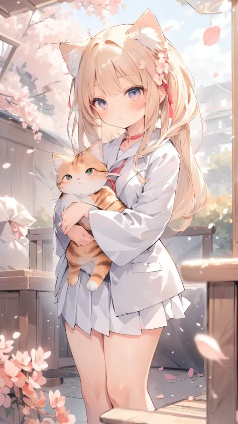 (((Best quality, 8k, Masterpiece: 1.3)), ((best quality)), ((masterpiece)), (detailed), perfect face, A Japanese high school girl gently cradles a small cat in her arms, standing outdoors under soft sunlight. She is wearing a traditional Japanese school un...
