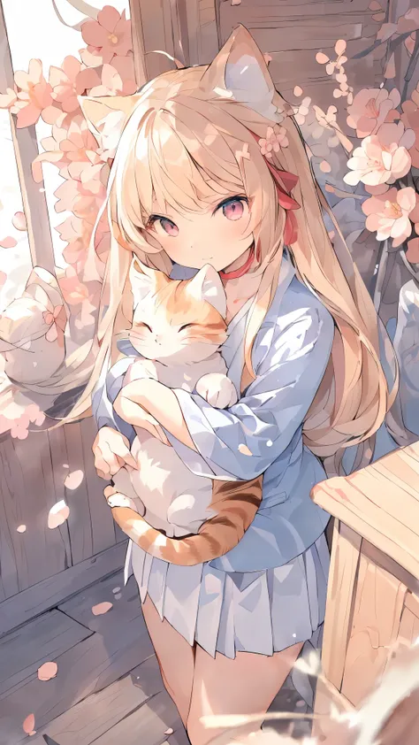 (((Best quality, 8k, Masterpiece: 1.3)), ((best quality)), ((masterpiece)), (detailed), perfect face, A Japanese high school girl gently cradles a small cat in her arms, standing outdoors under soft sunlight. She is wearing a traditional Japanese school un...