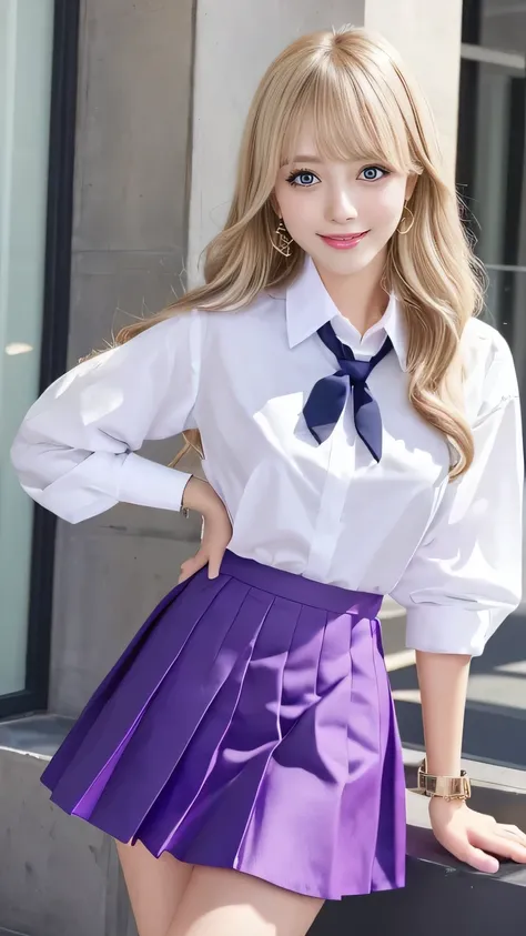 (masterpiece), Realistic, Pictures of beautiful women who are cute and stunning, Above the knee photo, Purple Eyes, Best Quality, One, bangs, black tie, (blonde:1.2), blue skirt, bracelet, collared shirt, dress shirt, ear Earrings, Eyebrows visible throug...