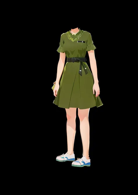 cartoon girl in green dress with blue shoes and a black belt, style in ghibli anime, female outfit, girl in a dress, full body green dress, style in ghibli anime style, outfit design, clear outfit design, anime vtuber full body model, full body character, ...