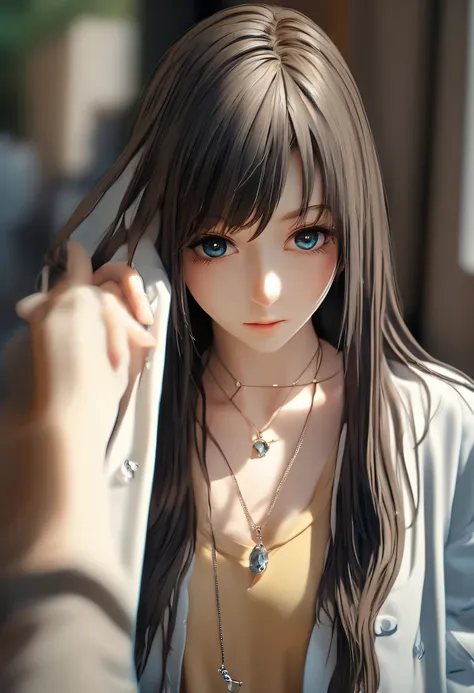 a close up of a woman with long hair and a necklace, cute natural anime face, realistic anime 3 d style, stunning anime face por...