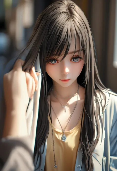 a close up of a woman with long hair and a necklace, cute natural anime face, realistic anime 3 d style, stunning anime face por...