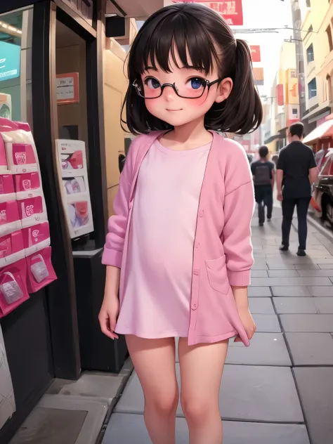 high quality， very young very ，1 person，a shy smile，fisheye lens，shy，、 very cute girl ，baby face，chibi, translation，glasses，very...