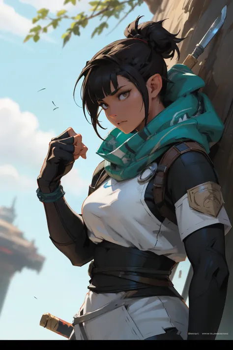 a cartoon drawing of a woman with a sword and a broken arm, makoto shinkai ( apex legends ), cushart kenz, official character ar...