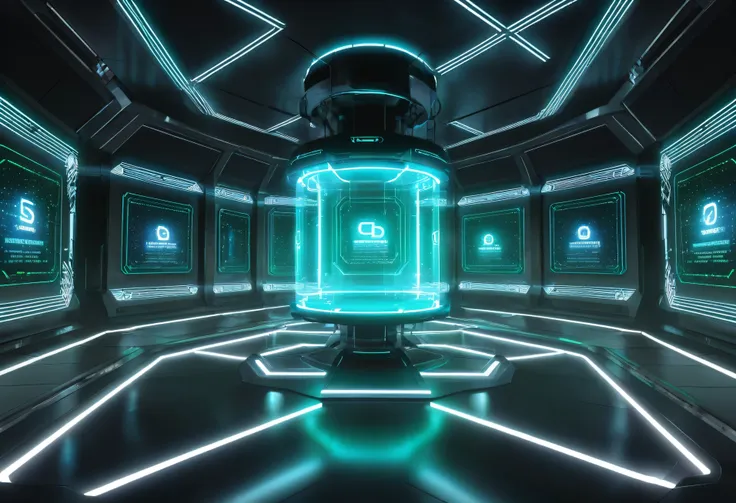 A realistic holographic screen floating in mid-air, displaying streams of binary data and futuristic icons. The screen emits a soft blue and green glow, casting subtle light onto the surrounding space, with transparent, sleek edges and intricate digital de...