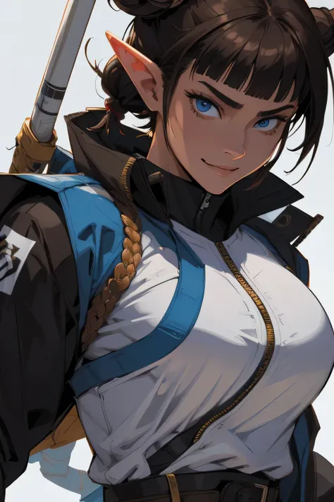 cartoon of a woman with a jacket on, by Yoshihiko Wada, style of masamune shirow, by Masamune Shirow, artgerm and james jean, inspired by Masamune Shirow, krenz cushart and artgerm, by Otomo Katsuhiro, artgerm and lois van baarle  LAUFEN, SHORT HAIR, DOUBL...