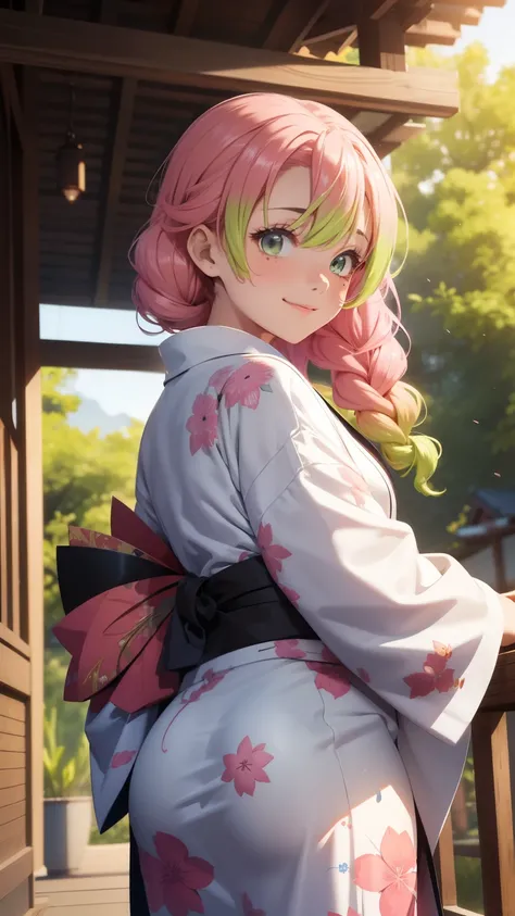 Extremely detailed CG Unity 8K wallpapers，kanjiro mitsuri，photograph from behind, YUKATA, focus on ass, masterpiece，outdoors，charming，best picture quality，Volumetric light，Pink hair，Face turned red，Smile，Bangs cover one eye，looking at camera, 34 26 38 figu...