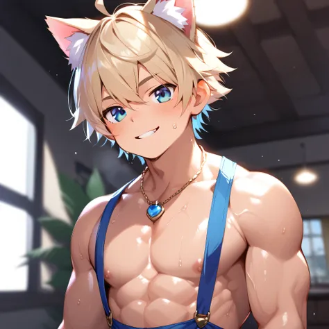 young boy , cat ears,  sweating , chiseled abdominal muscles, well-defined chest muscles