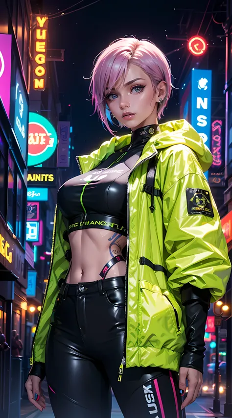 Beautiful short hair woman is shown to have a tiny figure, colorful hair, wearing future yellow cyber city clothes, big yellow colorful puffy jacket, lots of facial piercings, tattoos, neon city, cybernetics, she has blue eyes, sexy session, elegant posing...