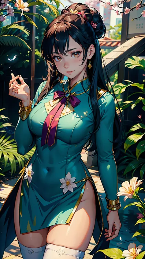 (highest quality, masterpiece, High resolution)、(anime art)、bright light、brown eyes、(sailor moon buns)、long hair、hair ornaments、Cute face details、enchanting smile、small breasts、whole body、((sakura tropical))  (best quality,4k,8k,highres,masterpiece:1.2),ul...