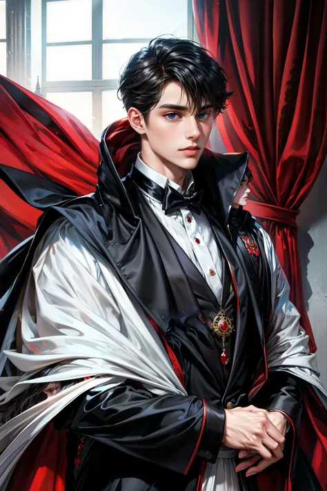 masterpiece, 最High image quality, High image quality, 1. Boy, alone, Focus on men, upper body, watching the audience , Untidy black hair , Adorable big blue eyes, white, Noble, Noble,Sexy voluminous 、 very tall big
Very voluminous with stand-up collar, bi...