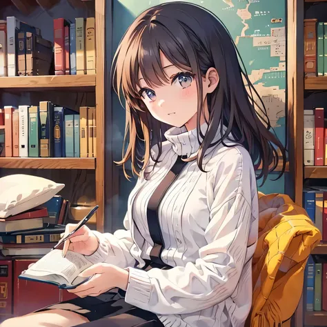 anime where a beautiful girl with dark hair and brown eyes sits in front of a bright bookshelf and reads a book。