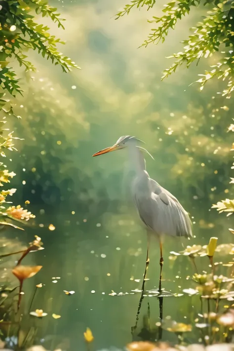 the heron stands in the reeds on the lake shore. summer, Sun