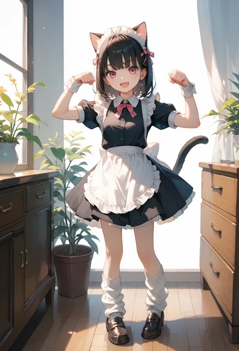 Score_9,Score_8_up,Score_7_up,highest quality anime,,masterpiece,1 girl,slim,small breasts,(Ideal slender proportions),(black_long_hair,straight_bangs,maid costume,loose socks,loafers,cat ears,cat tail),(cheering),standing