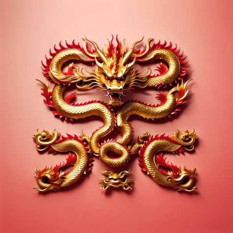 a set of continuous golden dragon sculptures in the same style from different angles,photograph ,ruby，exquisite pattern，medieval...