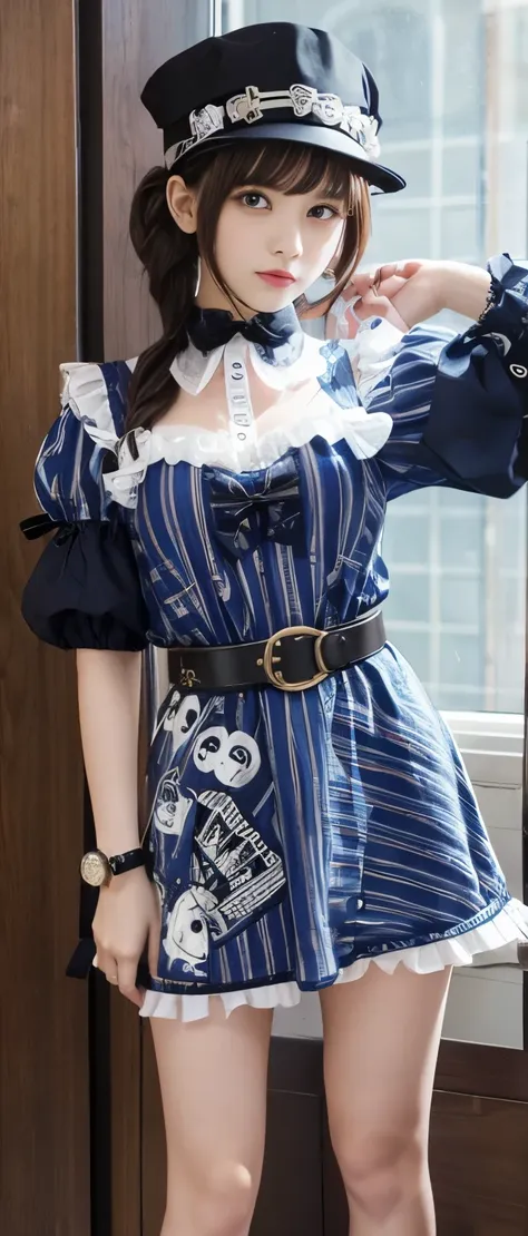 pop halloween idol girl 、whole body、　good style、、、、、、、、、、thick legs、、 ghost print steampunk shirt、fluorescent blue striped dress...