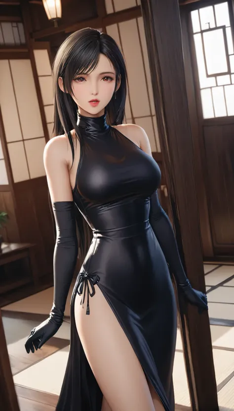 (masterpiece,Best Quality, ultra high resolution),Inside the Western-style building,One Japanese woman,In heat,A seductive and alluring expression,Her beautiful black hair is tied back,bangs,Baby Face,Beauty,Pursing his lips,
(((Very beautiful 20 year old...