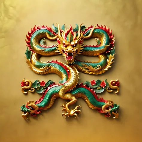  a set of continuous golden dragon sculptures in the same style from different angles,Photograph ,ruby，Exquisite pattern，Medieval style,Gold background