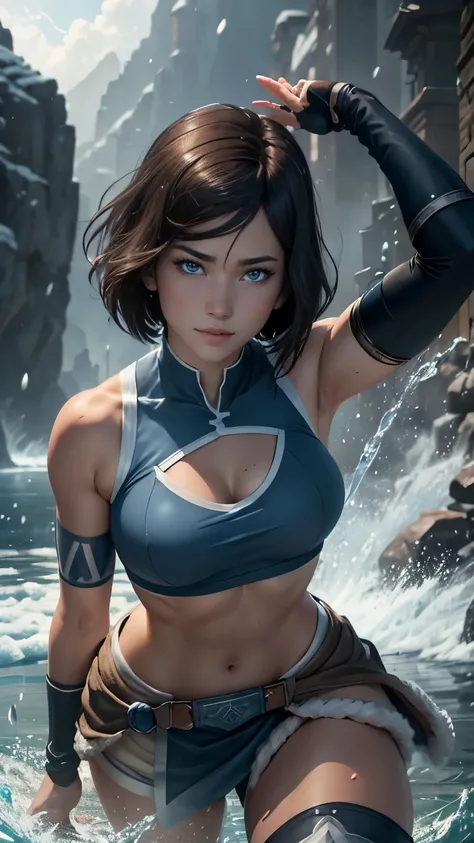 Korra da avatar,(best quality, 4K,8k,high resolution,work of art:1.2)(weather: snowing), tundra background, artic village, wide hips, short straight hair, brown hair, freckles, sleeveless bikini top, winter belt, tight micro shorts, thigh high boots, cleav...