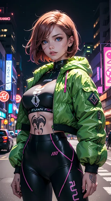 Beautiful short hair woman is shown to have a tiny figure, colorful hair, wearing future green cyber city clothes, big green colorful puffy jacket, lots of facial piercings, tattoos, neon city, cybernetics, she has blue eyes, sexy session, elegant posing, ...