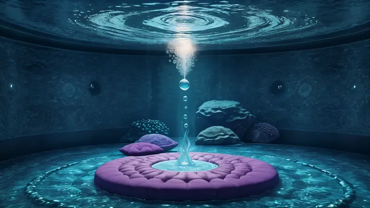 In the water、Fantastic deep sea、Bed in the center、Bubbles Rising From Below 、 Amazing Fantasy 3D Rendering ,  surreal digital artwork, Detailed dreamscape, 3d rendering digital art