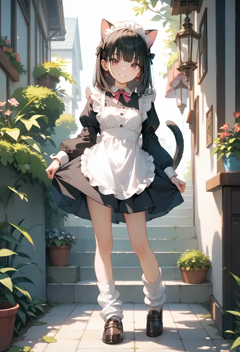 Score_9,Score_8_up,Score_7_up,highest quality anime,,masterpiece,1 girl,slim,small breasts,(Ideal slender proportions),(black_long_hair,straight_bangs,maid costume,loose socks,loafers,cat ears,cat tail),smile,beautiful legs,standing,view from behind