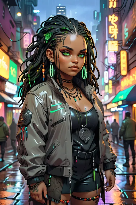 Sturdy, chubby, curvy dwarf woman with pale green eyes, black dreadlocks adorned with beads, warm mulatto skin tone with freckles, pointy ears. Tribal tattoos on her hands, wearing layered, earthy clothing. Cyberpunk setting with neon lights, rain-soaked s...