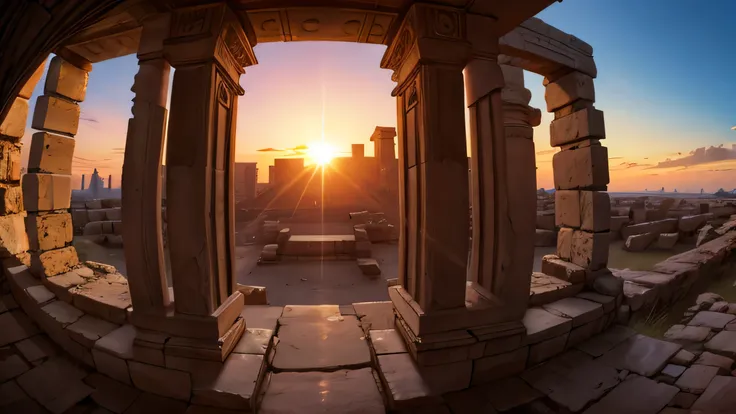 fisheye lens, egyptian ruins, realistic, sunset,