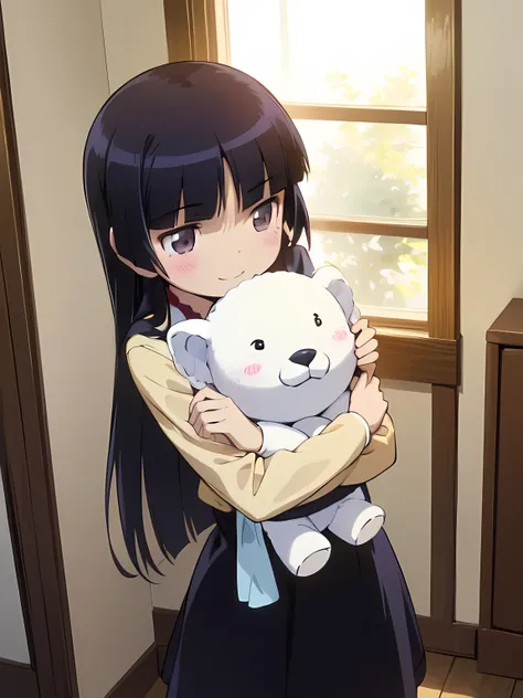 (( hug a big stuffed animal)), A happy smile, Natural Light, Soft colors, A room where the sun shines in ,  warm atmosphere, ruri gokou,  girl, Alone, Long Hair, hime cut, Black Hair, 