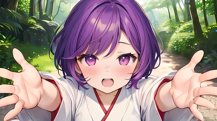  one woman、Purple Hair、 short hair、Red eyes、Droopy eyes、Flushed Cheeks、 open your mouth and laugh、 look down、INCOMING   
 HUG, kimono、Hakama、forest、anime。