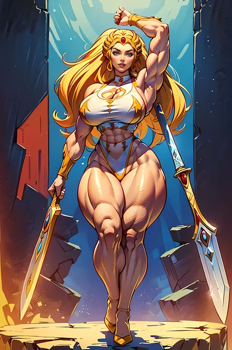Masterpiece, Best Quality, (highres, high quality:1.2), SheRaQuiron character, Holding a Heavy Sword, Flexing bicep, Wet Transparent She-ra Attire, (MASSIVE FEMALE BODYBUILDER:1.5), (HUGE BREASTS:1.5), (thick legs and calves), (thick arms:1.7), (slim waist...