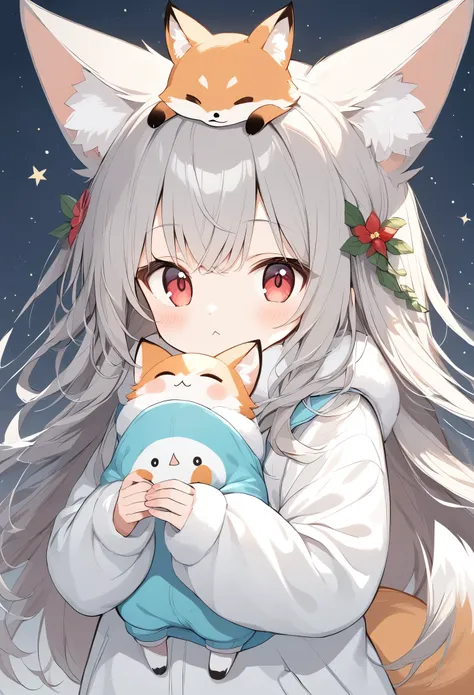 Light line drawing、Light color、White fox girl  、Grey Hair、   Smooth Long Hair   、Fox Ears、   Foxs Fluffy Tail   、Ruby Eyes、 Oblique Eyes、cute、:<、(Put the baby fox on your head)、Warm, fluffy clothes、 muffler ,