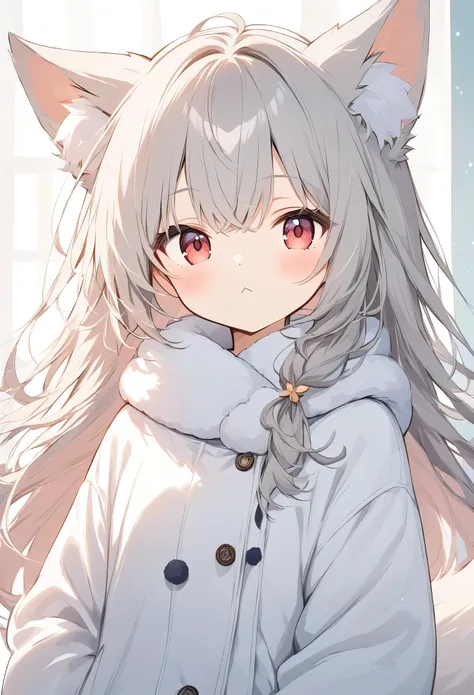 light line drawing、light color、white fox girl  、grey hair、   smooth long hair   、fox ears、   fox's fluffy tail   、ruby eyes、 obl...