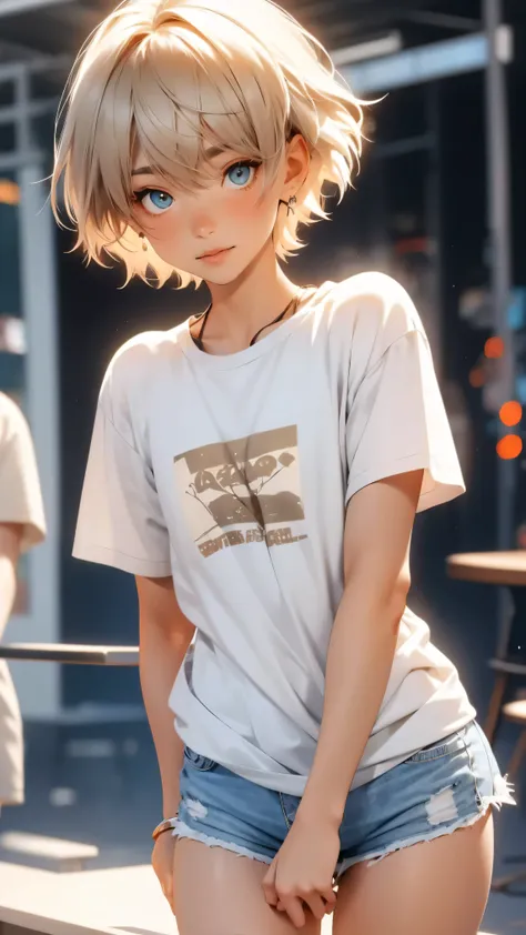 cute teenage boy, model, blond with short male haircut, straight bangs, fragile slim build, boy wearing short-sleeved t-shirt an...