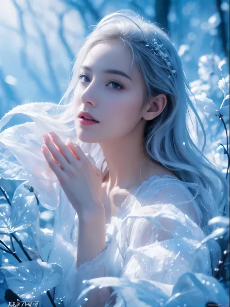 (((masterpiece))), best quality, illustration, 4k wallpaper, movie lighting, absurd, 1 girl,(snow,ice), snow花, in winter, white hair, shiny hair, curls, transparent clothes, frills, lace, wet clothes, leave_Shoulder, hair tie,masterpiece, telephoto lens, a...