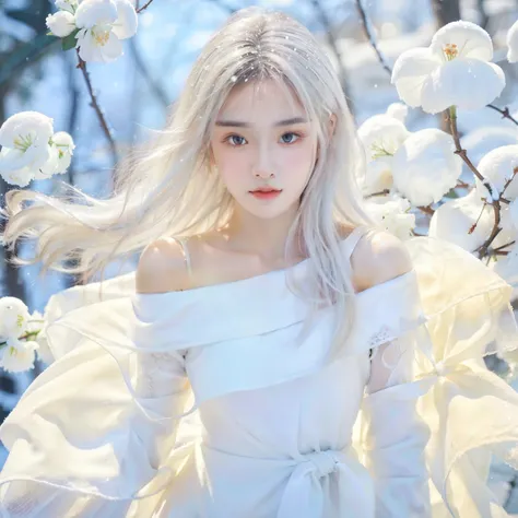 1girll,(snow,ice), snowflower, in winter, white hair, shiny hair, wavy hair, transparent clothes, frilld, lace, wet clothes, off...