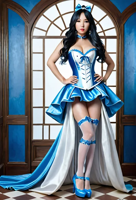 Photorealistic, high resolution, A Japanese woman named Kimmi, busty, double d cup, solo, heavy makeup, Hips up, (Detailed face), Black hair, Long hair, wearing a Cinderella style dress, corset style bodice, blue skirt, Ripped white tights. Standing Looki...