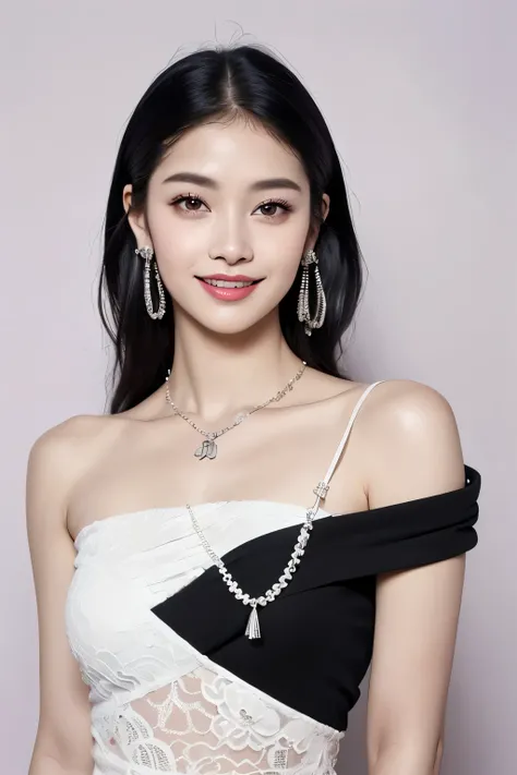 (extra detailed body、extra detailed face、best qualtiy:1.2)、femele、looking at the viewers、(a smile、Wacky fashion、Large shoulder-length piercings、a necklace、Clothes with strong contrast of purple, white and black、asymmetry)、(Ivory wall on background)