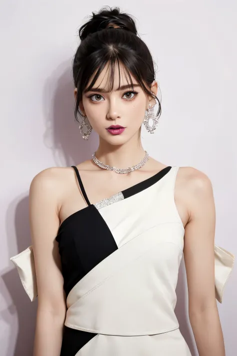 (extra detailed body、extra detailed face、best qualtiy:1.2)、femele、looking at the viewers、(Wacky fashion、Large shoulder-length piercings、a necklace、Contrasting purple, white and black clothing、Asymmetry)、(Ivory wall)