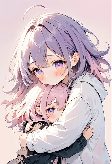 illustration, best quality, chibi style, (pastel color),low fidelity (lofi) art style,
pastel pink and purple tones,2girls, hugg...