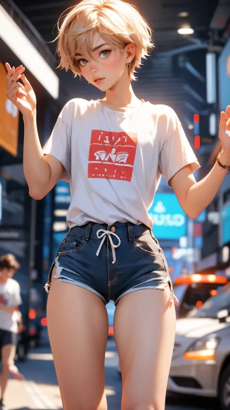 cute teenage boy, model, blond with short male haircut, fragile slim build, boy wearing short-sleeved t-shirt and very short mini-shorts, feminine body, legs long and slim like a girl, too tanned, Daisy Dukes style, hot summer, flirtatiously posing, sexy