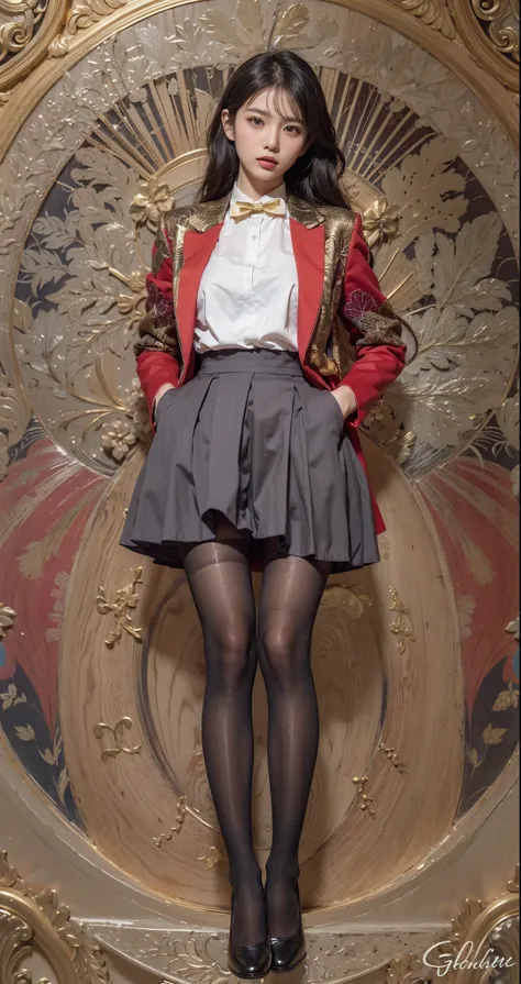 Beautiful Asian woman, intricate patterned school uniform, black stockings, gold gilding wall