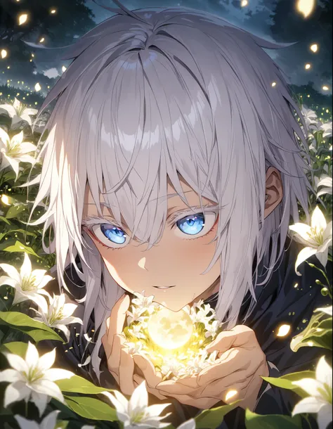 absurd, high definition , overdetailed , HDR, masterpiece, Best quality, Gojo Satoru , white hair with bangs , expressive blue eyes, hair between eyes , white eyelashes, Jujitsu Kaisen , 1 person, Beautiful, petals , white lilies, moon, firefli...