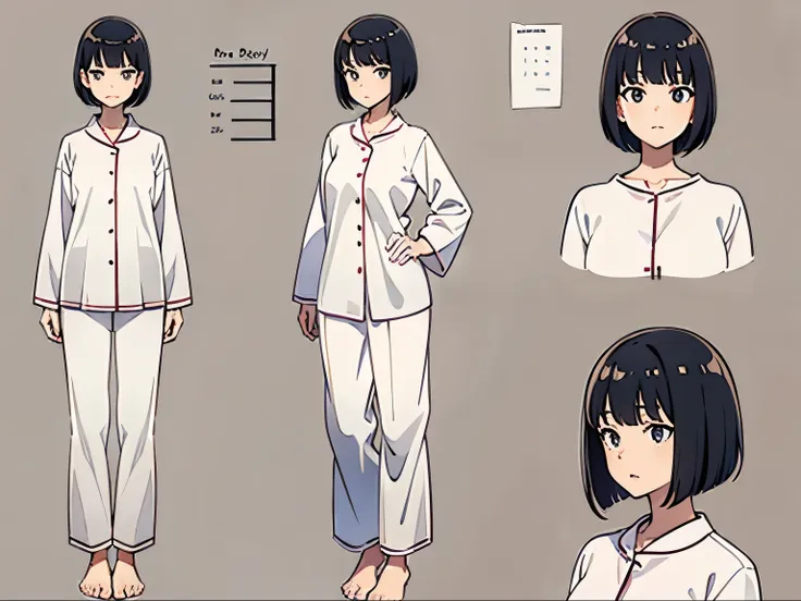 full body, plain white pajamas, black bob cut, standing, character sheet