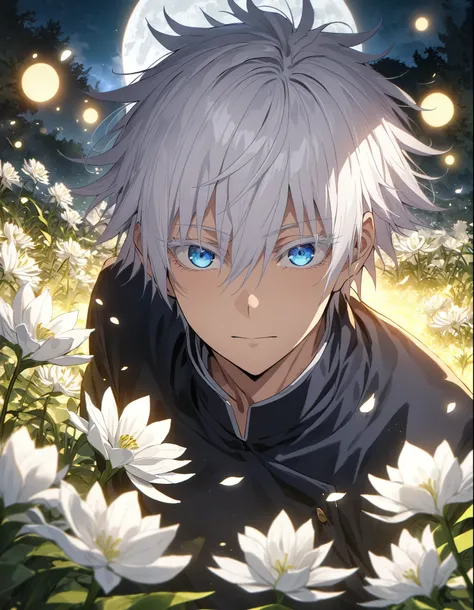 absurd, high definition , overdetailed , HDR, masterpiece, Best quality, a man of about 25 years old, One, Gojo Satoru , white hair with bangs , expressive blue eyes, hair between eyes , white eyelashes, Jujitsu Kaisen , 1 person, Beautiful, pe...