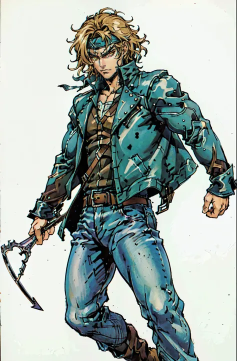 (masterpiece:1.2, best quality:1.2, extremely delicate:1.2), ((male:1.5)), a man with messy short brown hair, choppy bangs, a headband tied around his forehead, sharp eyes, well-defined features, serious expression, fantasy Western-style attire, the color ...