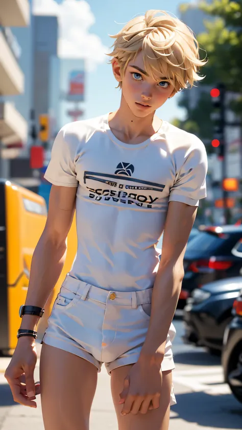 1 cute teenage boy, model, blond with short male haircut, fragile slim build, boy wearing short-sleeved t-shirt and very short m...