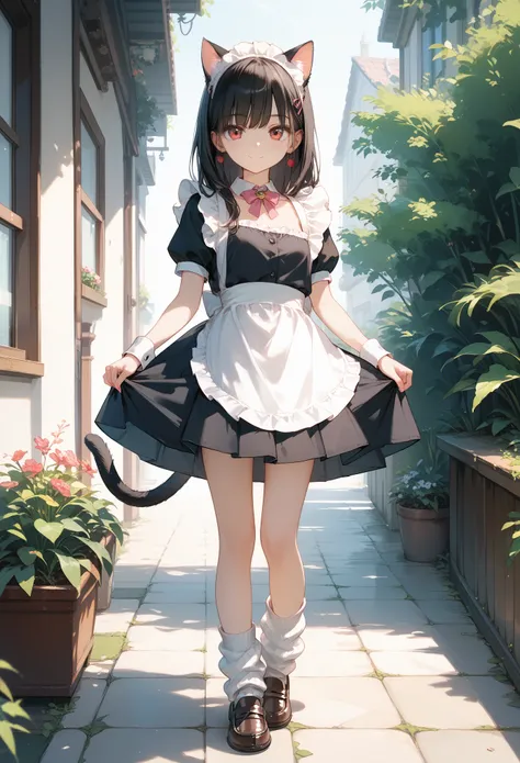 Score_9,Score_8_up,Score_7_up,highest quality anime,,masterpiece,1 girl,slim,small breasts,(Ideal slender proportions),(black_long_hair,straight_bangs,maid costume,loose socks,loafers,cat ears,cat tail),smile,beautiful legs,standing,view from behind